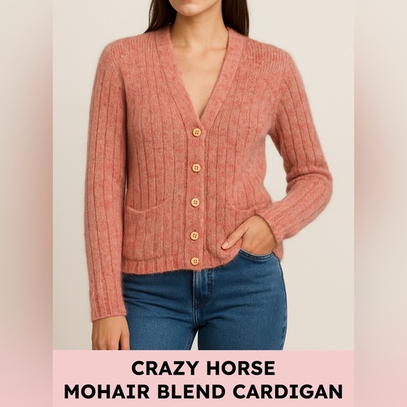 Crazy Horse By Liz Claiborne Sweaters - Crazy Horse womens cardigan mohair blend rib knit button front medium pink